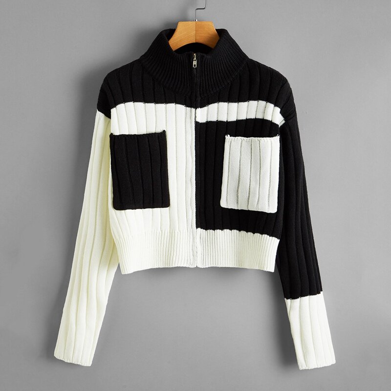 

Two Tone Zip Up Rib-knit Cardigan, Black and white