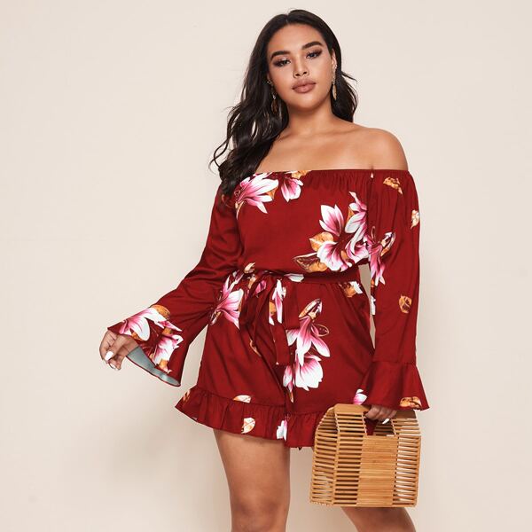 

Plus Floral Self Tie Bardot Romper, Burgundy