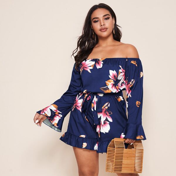 

Plus Bardot Floral Print Ruffle Hem Belted Romper, Navy blue