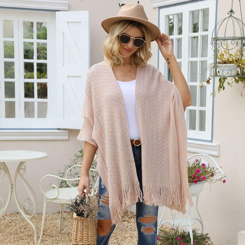 

Open Front Ruffle Trim Fringe Cardigan, Baby pink