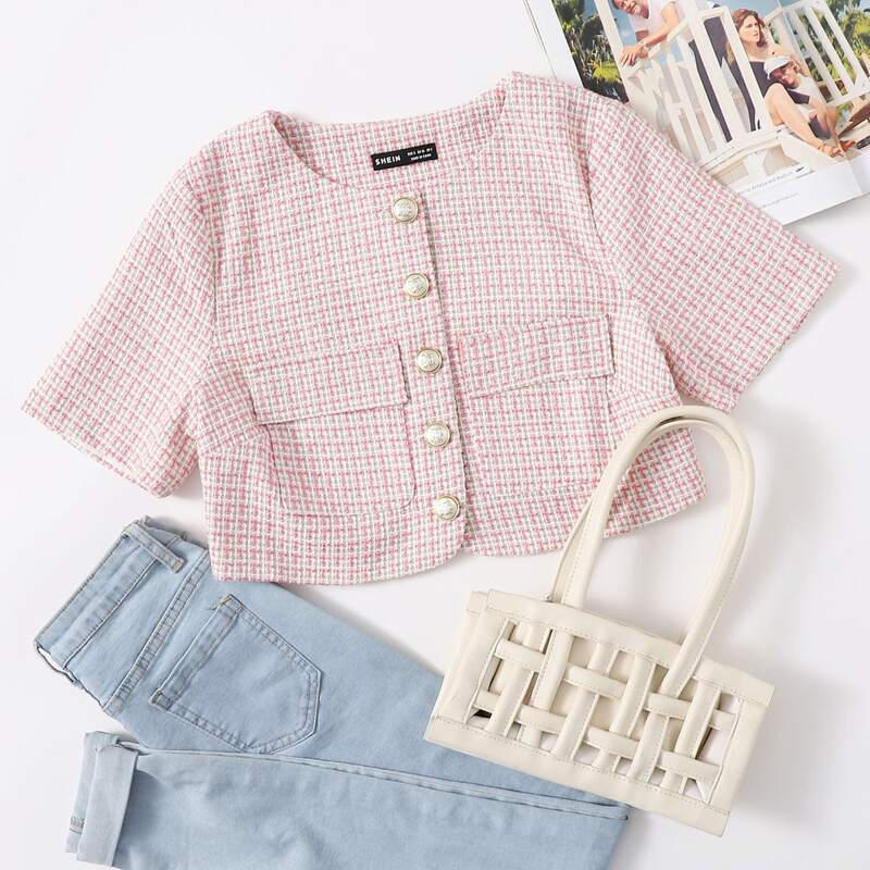 

Button Front Plaid Tweed Jacket, Multicolor