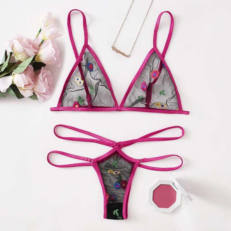

Floral Embroidery Thong Lingerie Set, Multicolor