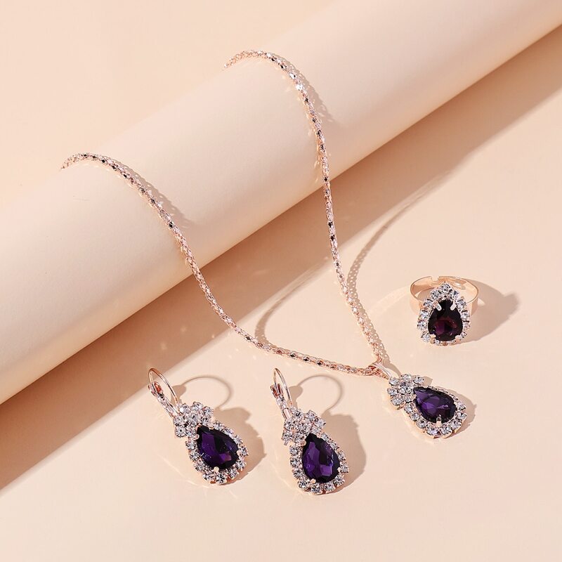 

4pcs Water Drop Gemstone Decor Jewelry Set, Purple