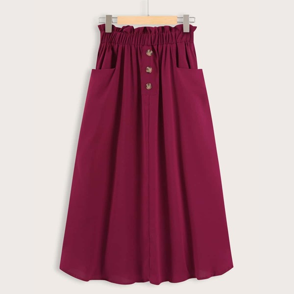 

Paperbag Waist Button Front Midi Skirt, Burgundy