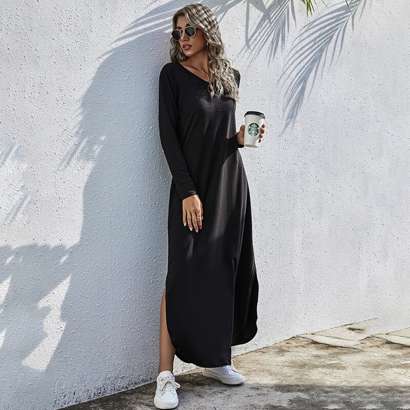 

Solid Split Hem Tee Dress, Black