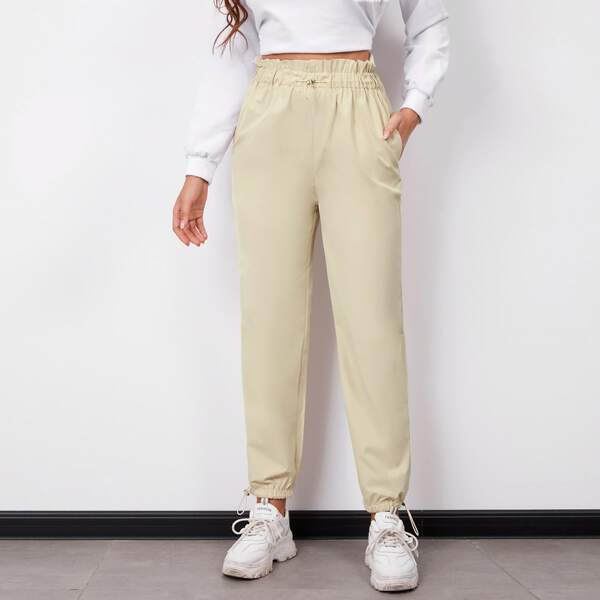 

Paperbag Waist Drawstring Detail Carrot Pants, Beige