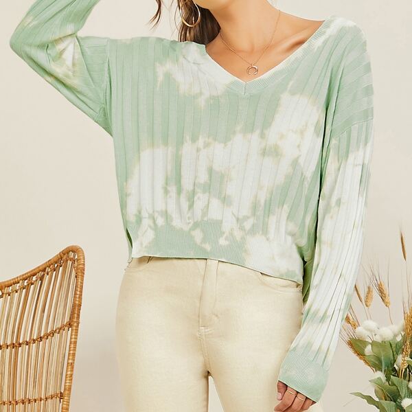 

V-Neck Tie Dye Rib Knit Pullover Sweater, Mint green