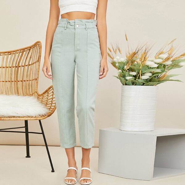 

Paper Bag Waist Cropped Denim Pants, Mint green