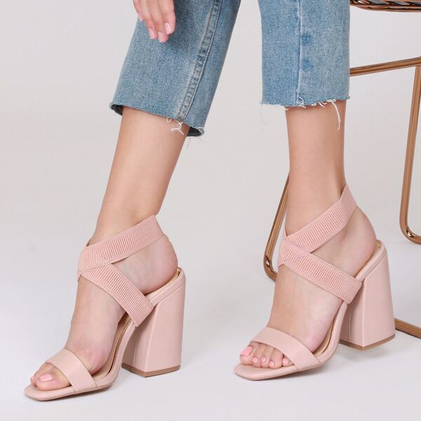 

Square Toe Elastic Ankle Strap Chunky Heel Sandals, Dusty pink