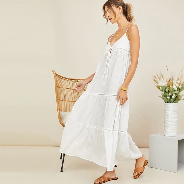 

Spaghetti Strap Tiered Stripe Maxi Dress, White