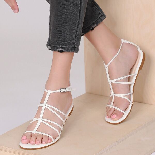 

Faux Leather Strappy Bucked Ankle Strap Sandals, White