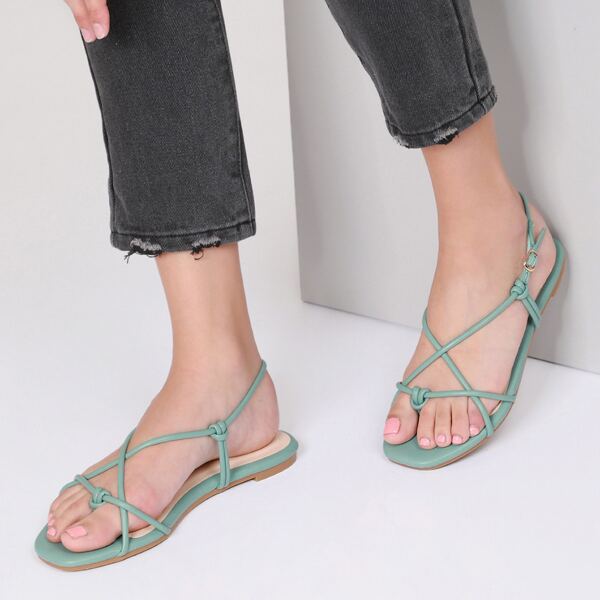 

Knotted Vegan Leather Ankle Strap Sandals, Mint green