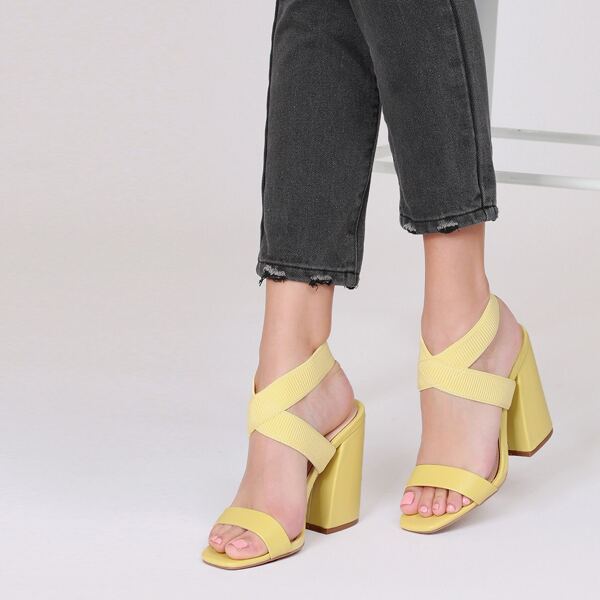 

Square Toe Stretchy Ankle Strap Block Heel Sandals, Yellow pastel