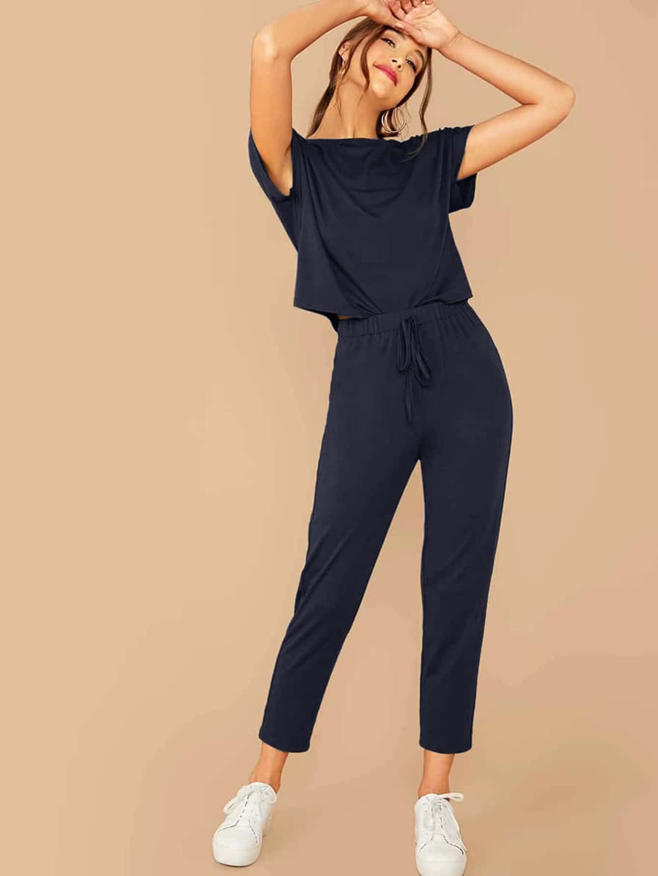 SHEIN LUNE Solid Top & Tie Front Trousers Set - Navy Blue - View 1