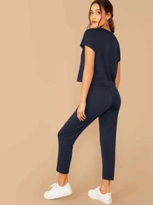 SHEIN LUNE Solid Top & Tie Front Trousers Set - Navy Blue - View 2