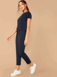 SHEIN LUNE Solid Top & Tie Front Trousers Set - Navy Blue - View 3