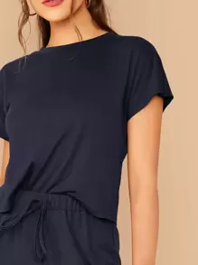 SHEIN LUNE Solid Top & Tie Front Trousers Set - Navy Blue - View 4