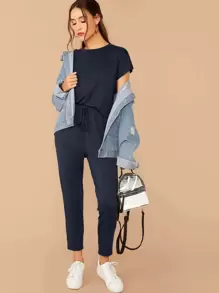 SHEIN LUNE Solid Top & Tie Front Trousers Set - Navy Blue - View 5