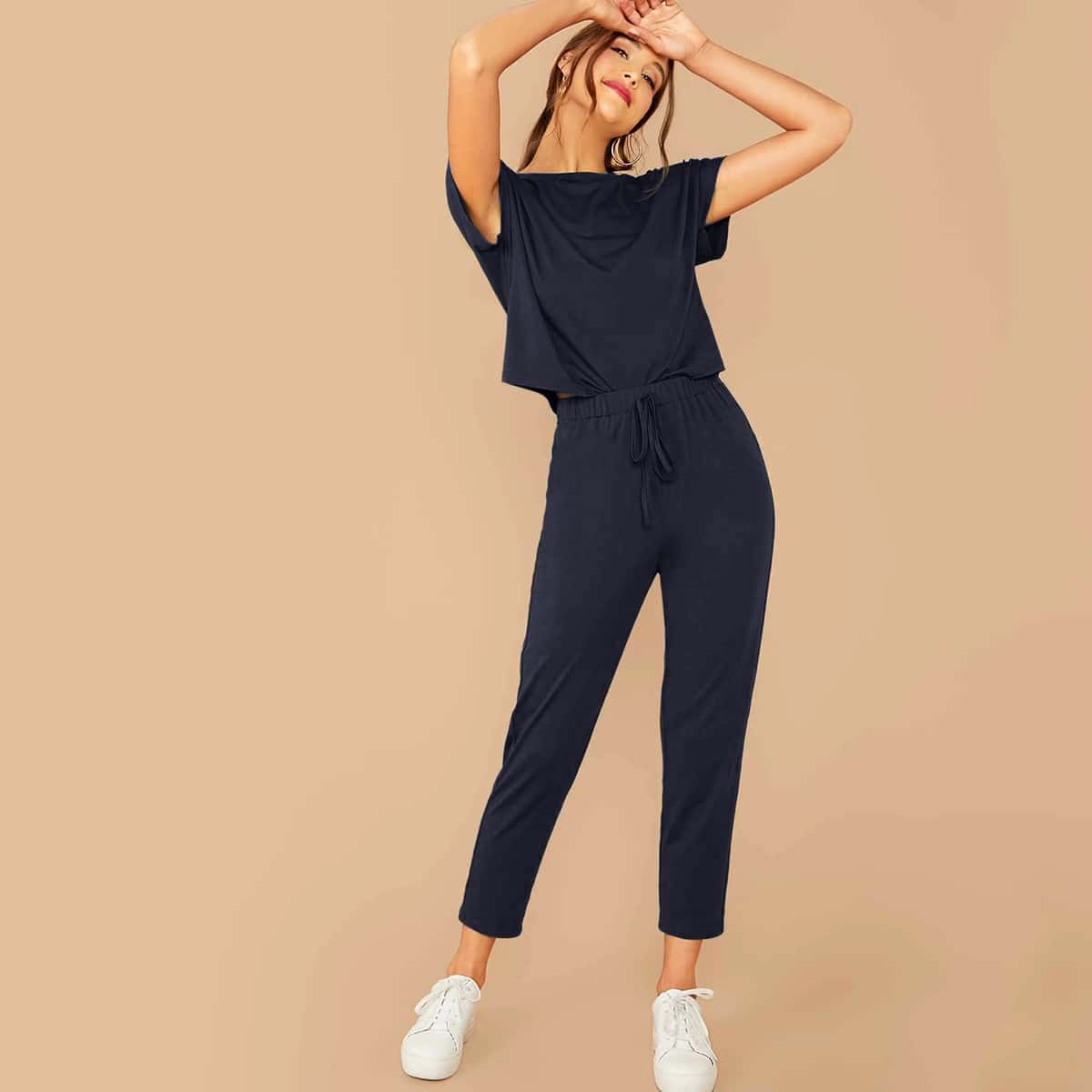 

Solid Top & Tie Front Pants Set, Navy blue