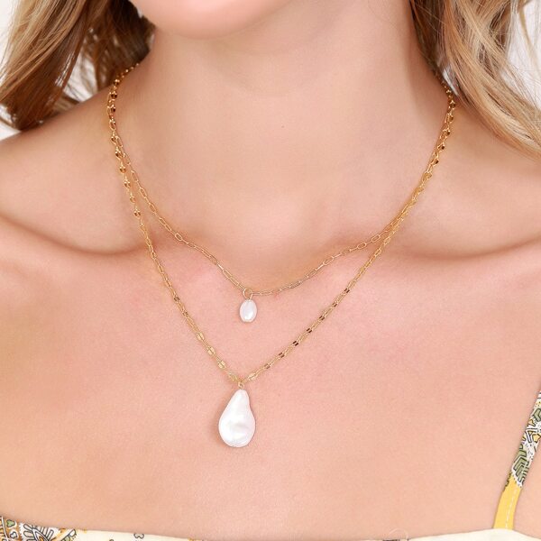 

Double Pearl Charm Layered Necklace, Gold