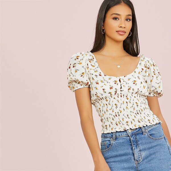 

Short Puff Sleeve Smocked Floral Milkmaid Top, Multicolor