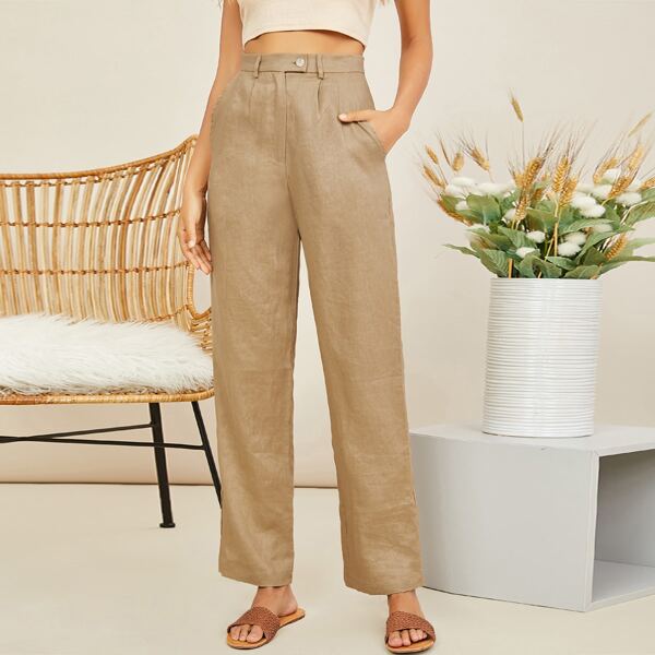 

Straight Leg Woven Linen Trouser Pants With Pockets, Khaki