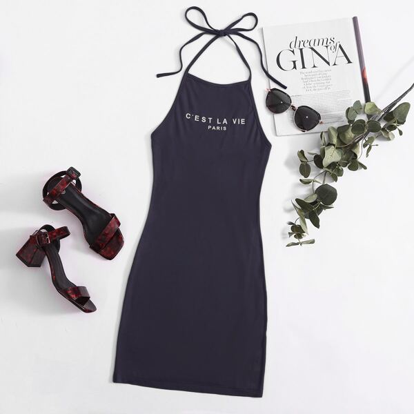 

Slogan Graphic Tie Back Halter Dress, Navy blue