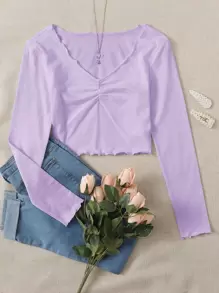 SHEIN Qutie Lettuce Trim Ruched Front Solid Top - Lilac Purple - View 1