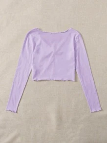 SHEIN Qutie Lettuce Trim Ruched Front Solid Top - Lilac Purple - View 2