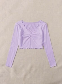 SHEIN Qutie Lettuce Trim Ruched Front Solid Top - Lilac Purple - View 4