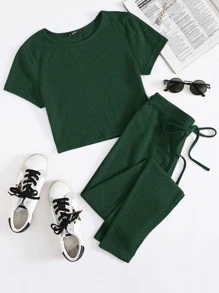 SHEIN EZwear Rib-knit Tee & Tie Waist Leggings Set - Dark Green - View 1