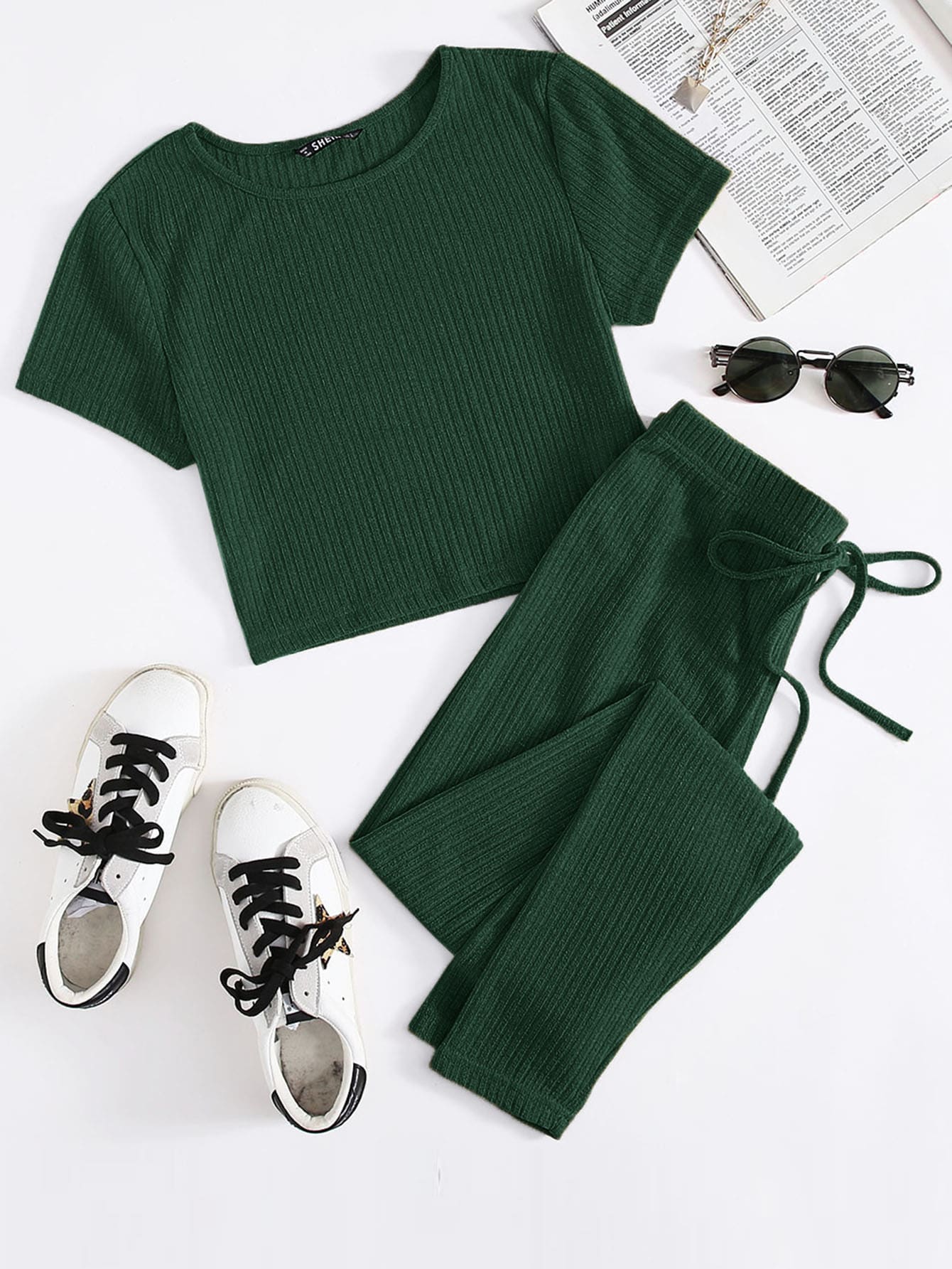 SHEIN EZwear Rib-knit Tee & Tie Waist Leggings Set - Dark Green - View 1