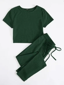 SHEIN EZwear Rib-knit Tee & Tie Waist Leggings Set - Dark Green - View 3