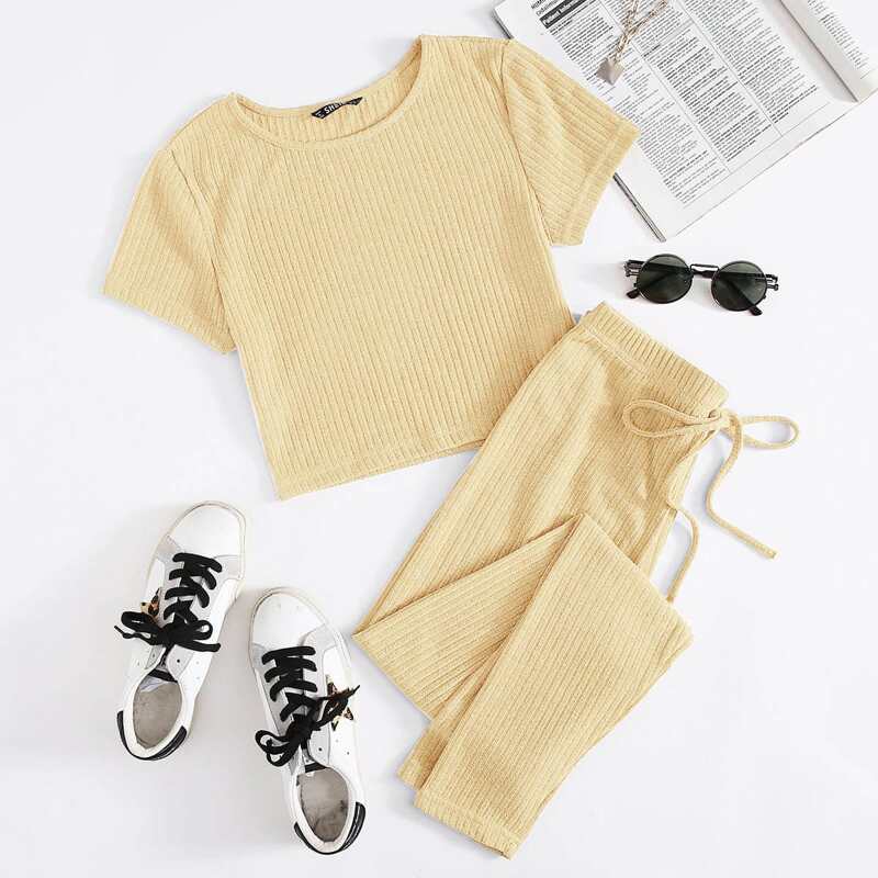 

Rib-knit Tee & Tie Waist Leggings Set, Yellow pastel