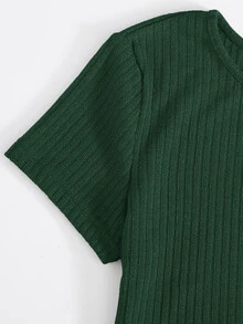 SHEIN EZwear Rib-knit Tee & Tie Waist Leggings Set - Dark Green - View 4