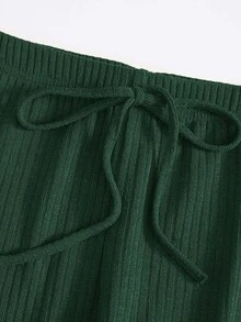 SHEIN EZwear Rib-knit Tee & Tie Waist Leggings Set - Dark Green - View 5