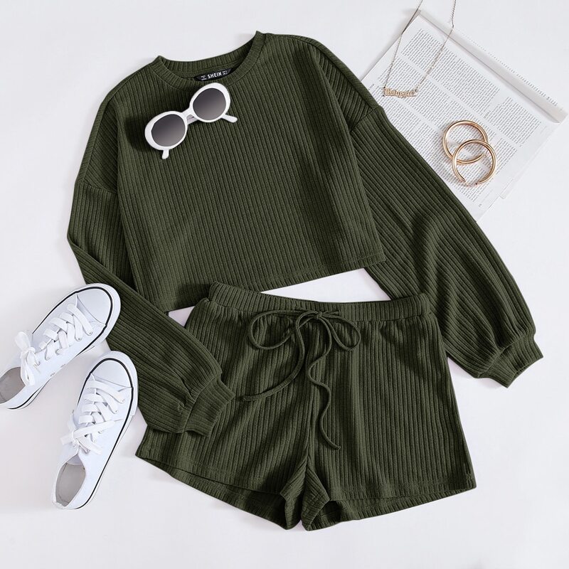 

Drop Shoulder Rib-knit Top and Drawstring Waist Shorts Set, Dark green