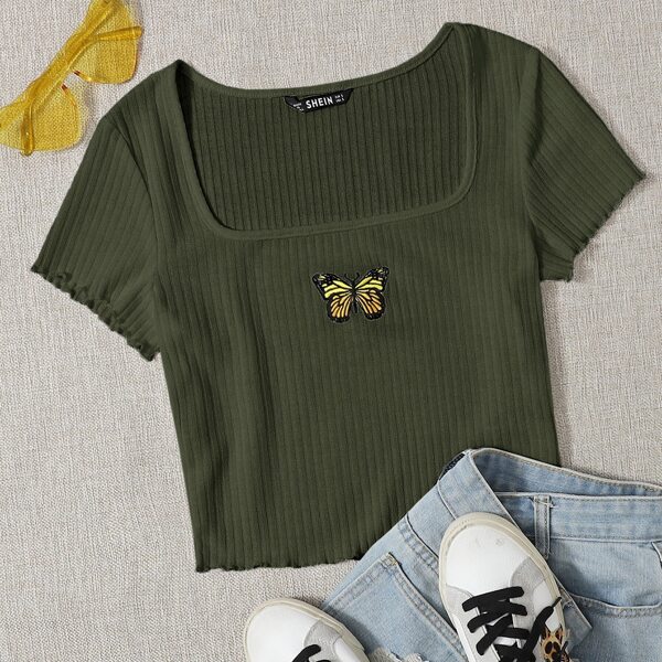 

Butterfly Embroidered Lettuce Edge Top, Army green