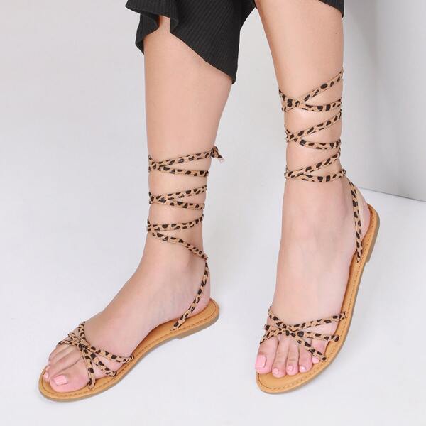 

Cheetah Print Knot Detail Lace Up Sandals, Multicolor