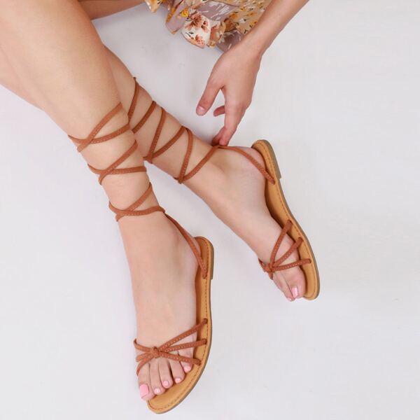 

Cinched Open Toe Strappy Wrap Flat Sandals, Brown