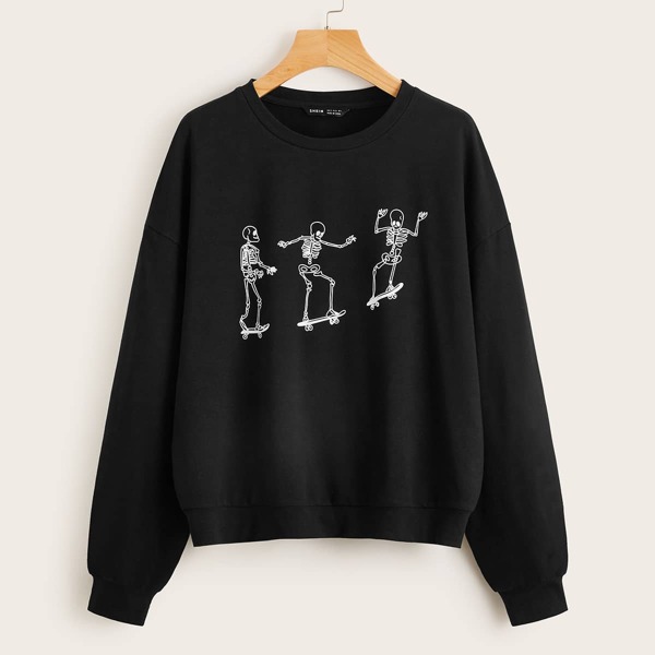 

Skull Print Drop Shoulder Pullover, Black