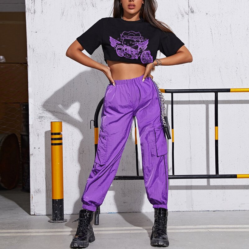 

Letter Graphic Crop Top & Contrast Piping Pocket Patched Pants Set, Multicolor