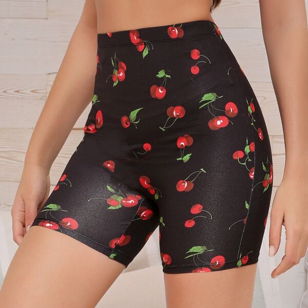 

Cherry Print Biker Shorts, Black