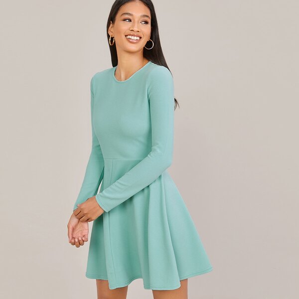 

Zipper Back Solid Flare Dress, Mint green