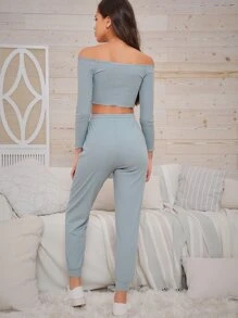 SHEIN Conjunto top corto ribete en forma de lechuga de hombros descubiertos con pantalones deportivos - Neblina azul - Ver 2