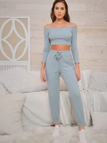 SHEIN Conjunto top corto ribete en forma de lechuga de hombros descubiertos con pantalones deportivos - Neblina azul - Ver 3