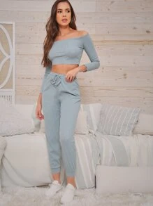 SHEIN Conjunto top corto ribete en forma de lechuga de hombros descubiertos con pantalones deportivos - Neblina azul - Ver 5