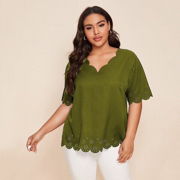 

Plus Solid Scallop Trim Laser Cut Blouse, Olive green