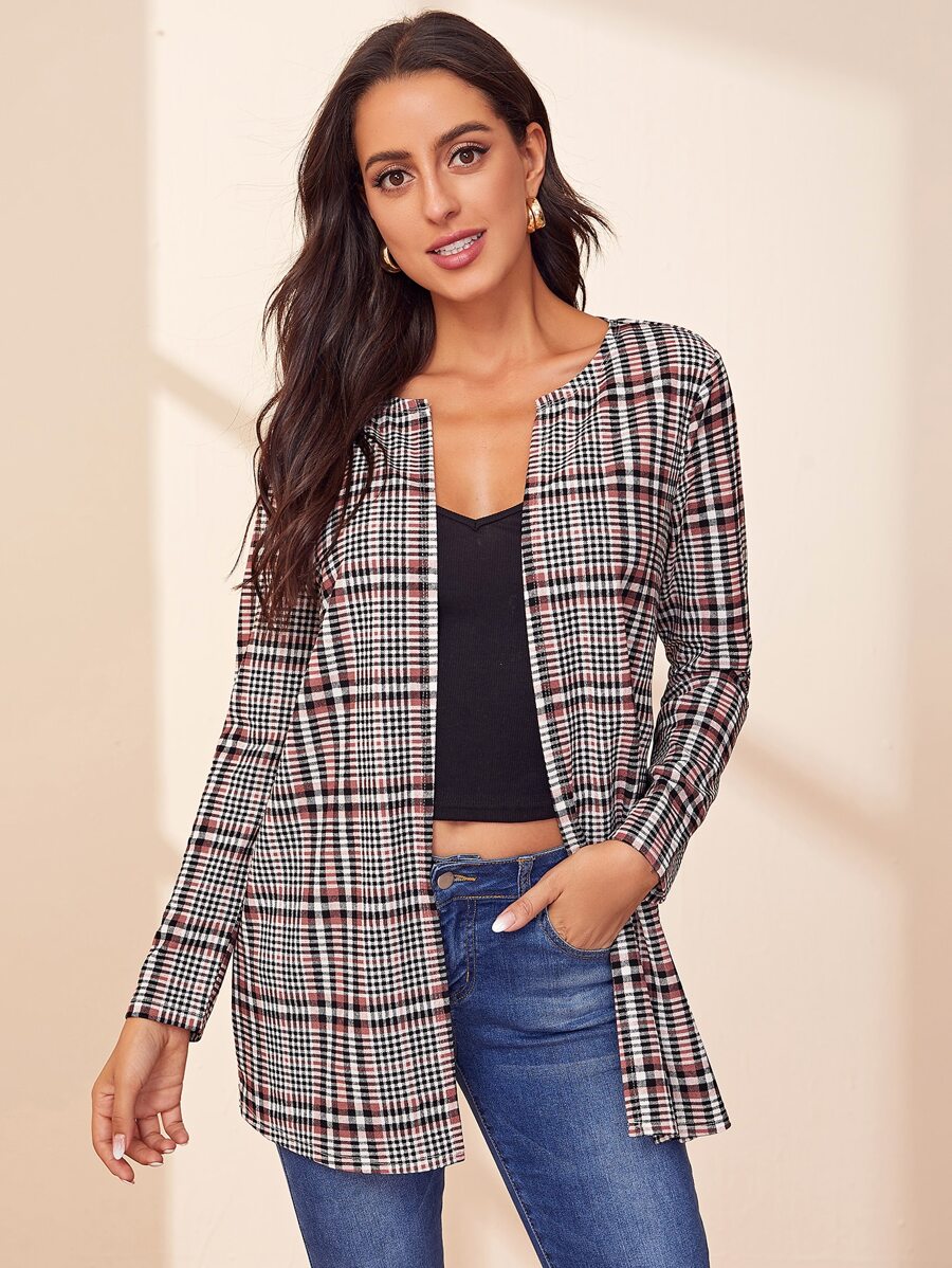 SHEIN Clasi Abrigo de cuadros de parte delantera abierta - Multicolor - Ver 1