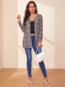 SHEIN Clasi Abrigo de cuadros de parte delantera abierta - Multicolor - Ver 3